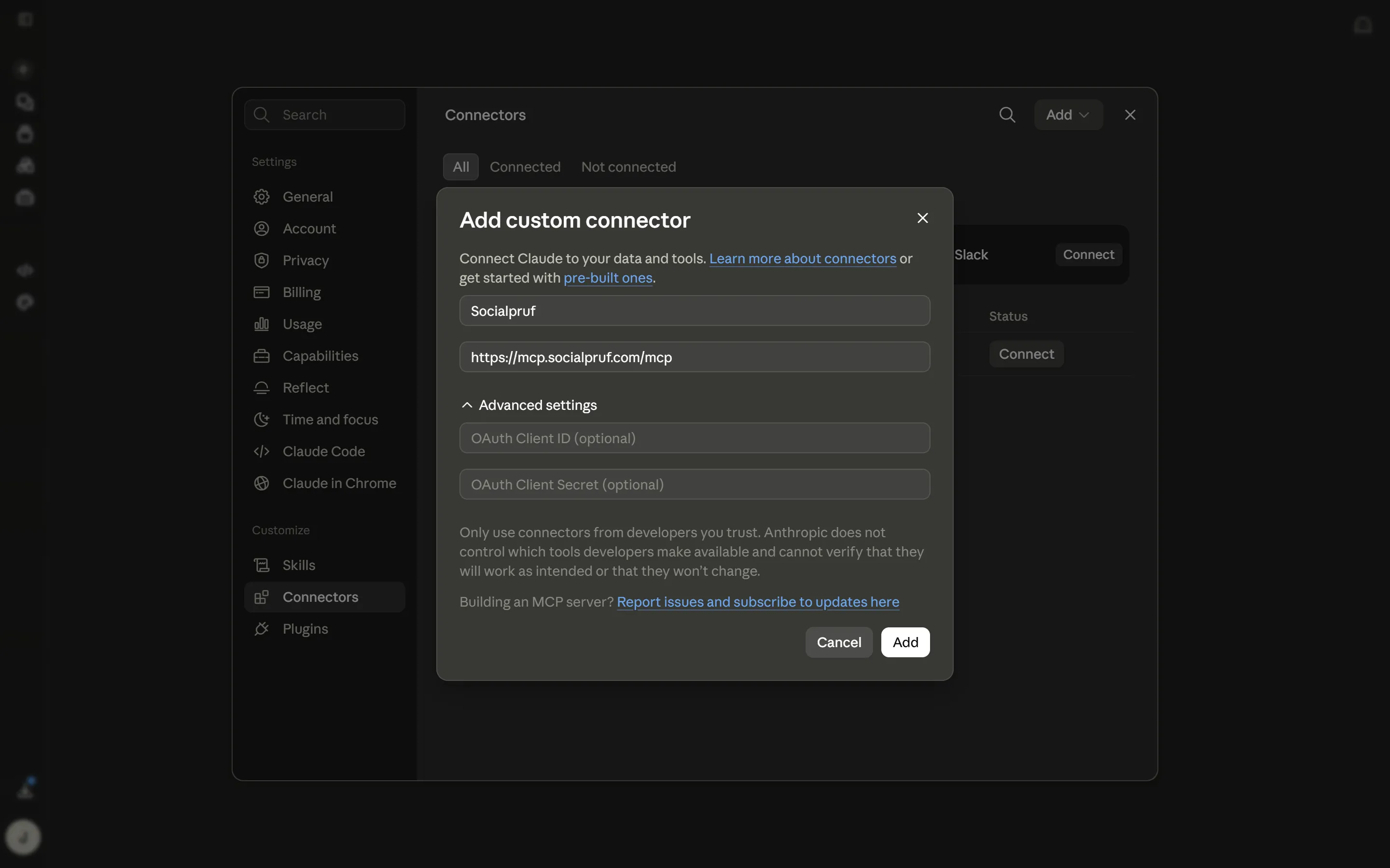 The Claude add-custom-connector modal filled in with the Socialpruf MCP server URL